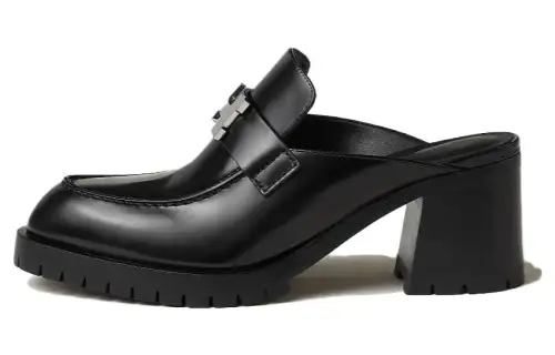 HERMES Flore Rubber Sole Closed Toe Slippers 6cm Women's Black