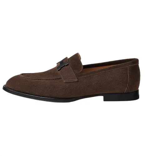 HERMES Honore Suede Loafers Men's Brown
