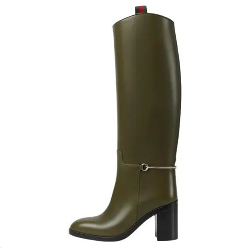 GUCCI Leather Knee high Boots 8.5cm Women's Dark Green
