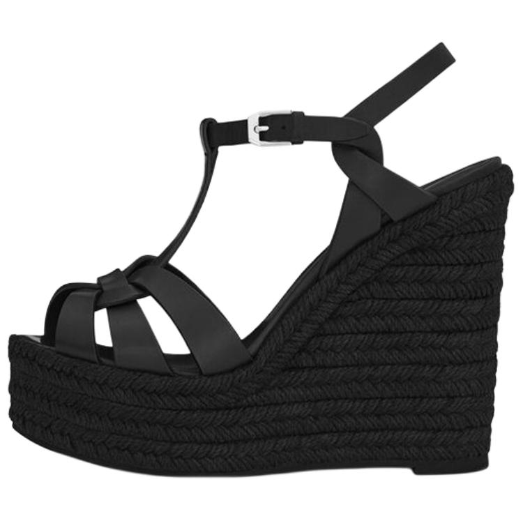 SAINT LAURENT Yves Saint Laurent Tribute Leather Rope Bottom Open Toe Wedge High Heels Women's Black