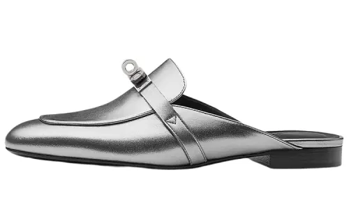 HERMES Mules Closed Toe Slippers Women's Silver