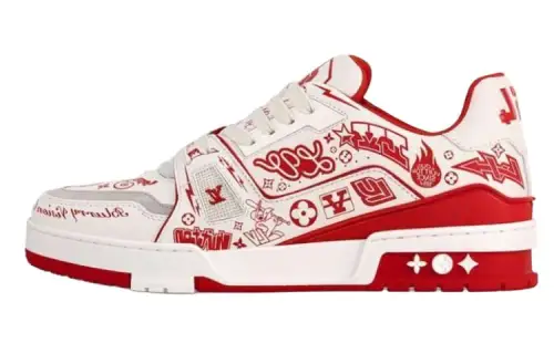 LOUIS VUITTON Trainer Leather Low top Skateboard Shoes Unisex White Red Graffiti