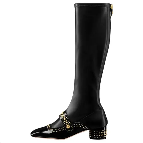 DIOR Belle D Cow Leather Knee high Boots 4cm Women's Black