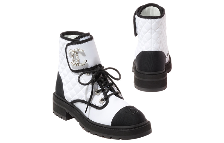 CHANEL Lace Up Ankle Boots Women's White Black