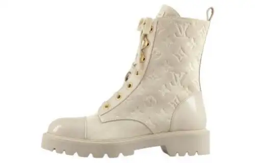 LOUIS VUITTON Leather Knee High Combat Boots Women's Beige