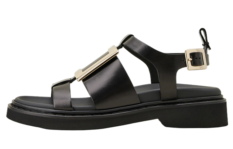 Roger Vivier Viv' Rangers Leather One Strap Sandals Women's Black