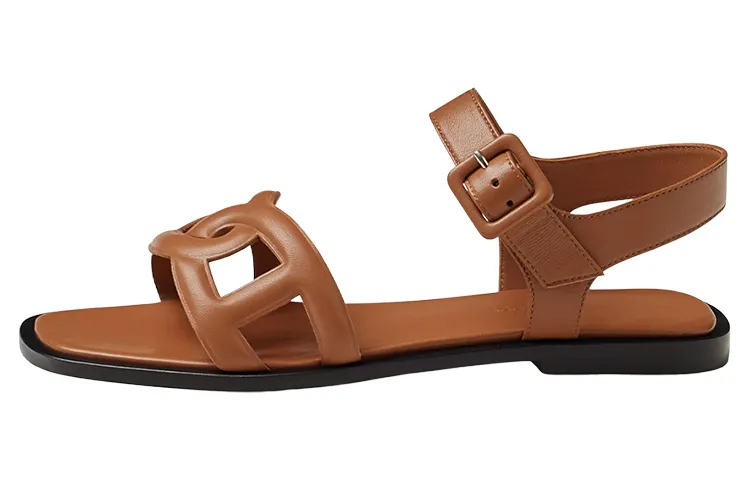 HERMES Feliz Leather One Strap Sandals Women's Brown