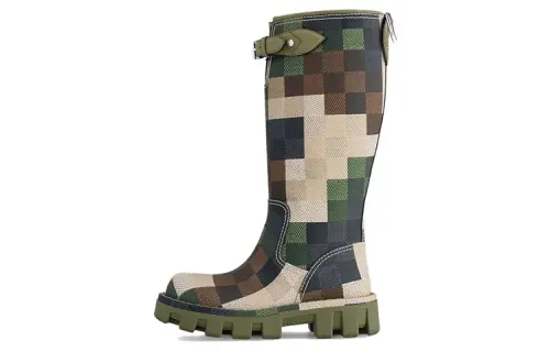 LOUIS VUITTON Checker Leather Knee high Boots Women's Green