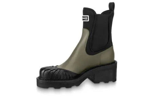LOUIS VUITTON Beaubourg Calfskin Shaft Short Chelsea Boots Women's Black Green