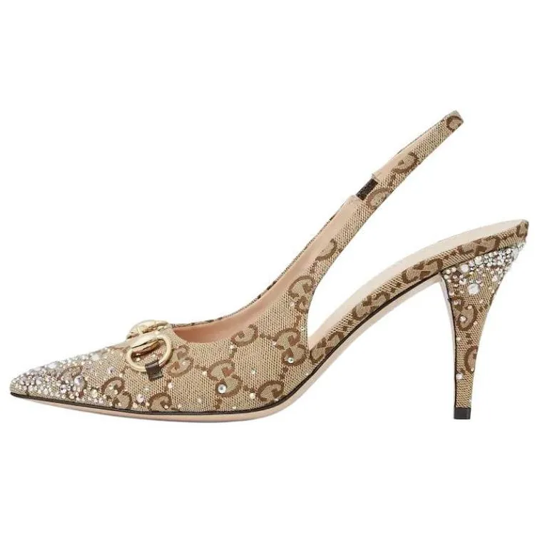GUCCI Horsebit Slim Heel High Heels 8.5cm Women's Beige Brown
