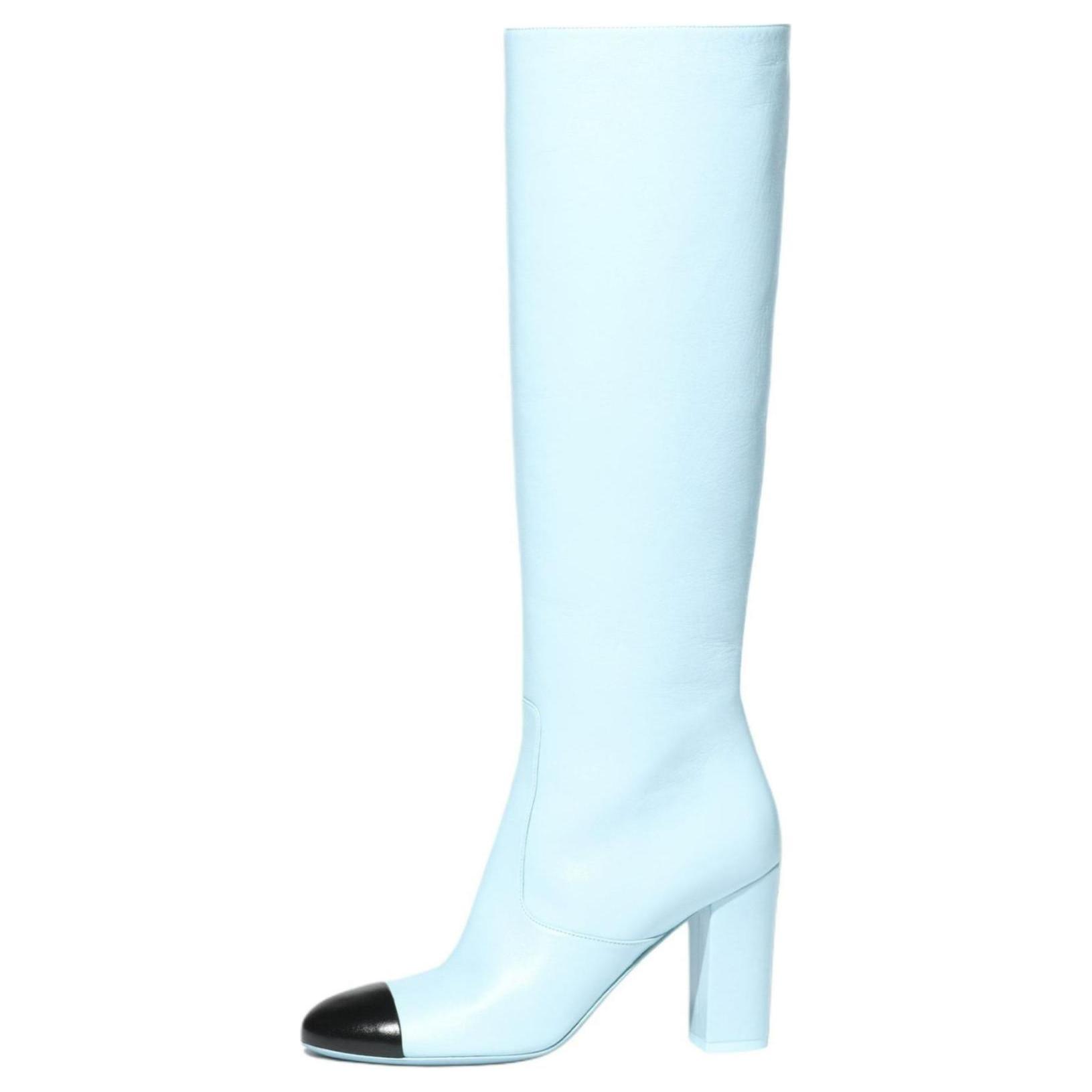 CHANEL Leather Knee high Boots 9cm Women's Blue