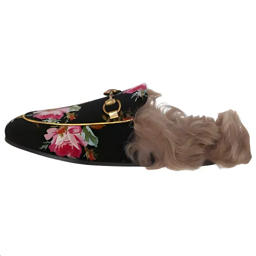 GUCCI Princetown Floral Print Slippers Black Gold Natural Women's