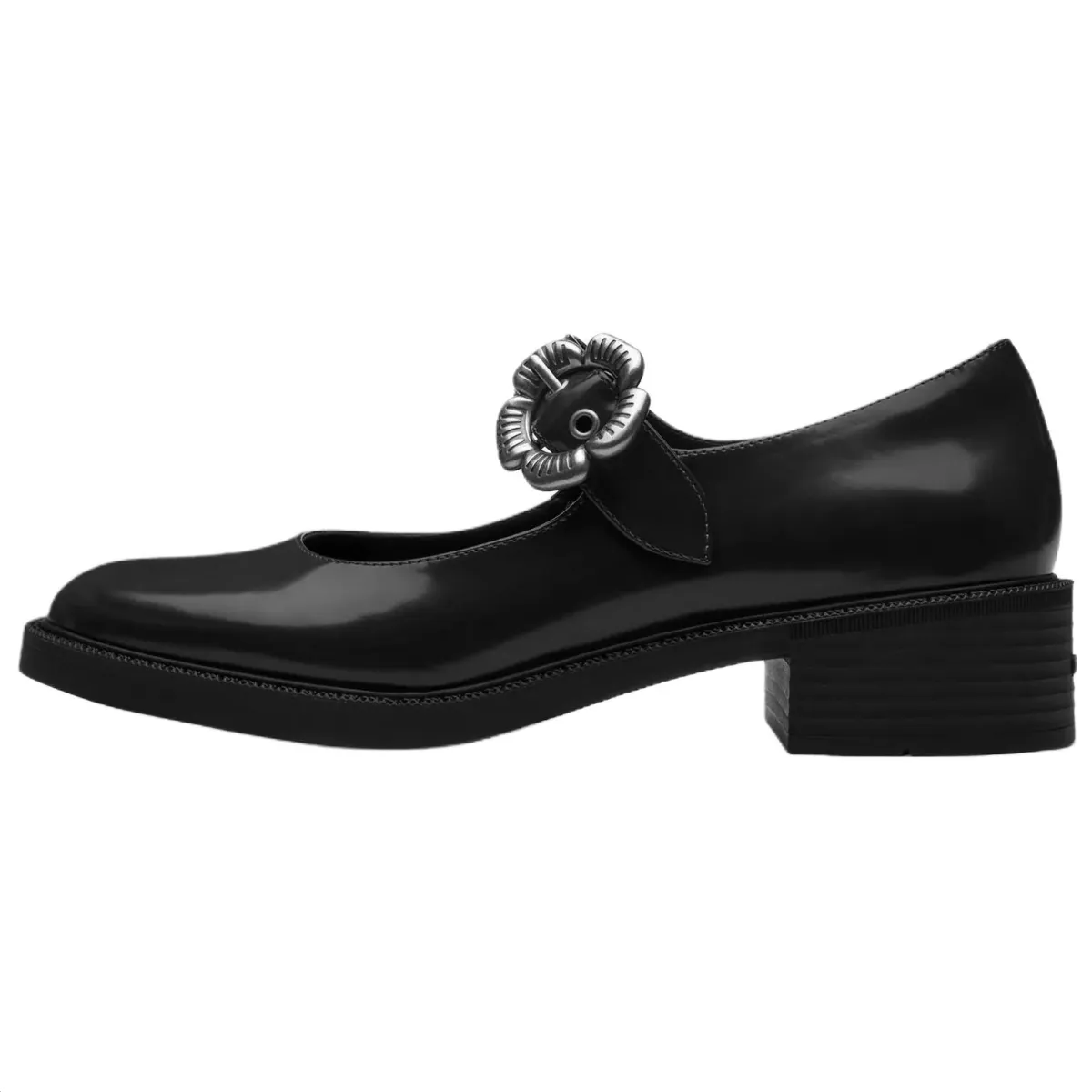 COACH Tea Rose Leather Chunky Heel Mary Jane Shoes 2.5cm Women's Black