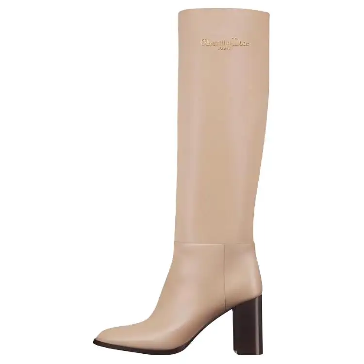 DIOR D Town Cow Leather Knee high Boots 8cm Women's Beige