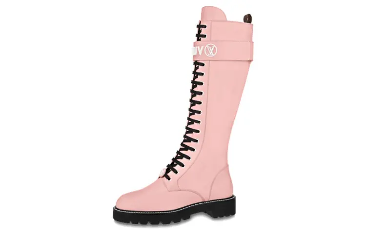 LOUIS VUITTON Territory Leather Lace Up Knee high Boots Women's Pink