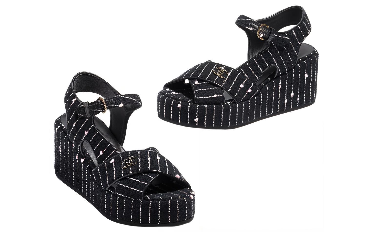 CHANEL Cotton Fabric Beach Sandals Women's Black