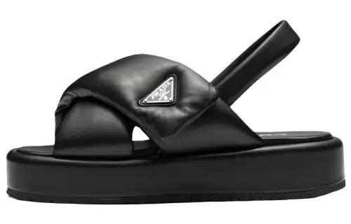 PRADA Soft Padded 35mm Wedge Sandals Black Nappa Leather Women's
