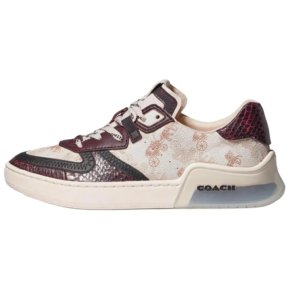 COACH Leather Carriage Print Low top Stylish Skateboarding Shoes Women's White Red Brown