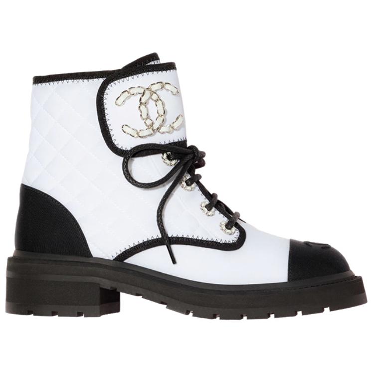 CHANEL Lace Up Ankle Boots Women's White Black
