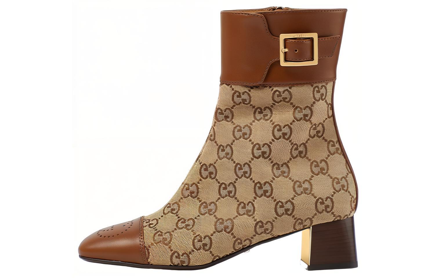 GUCCI Gucci Double G Canvas Pointed Toe Block Heels Short Boots Women's Ebony