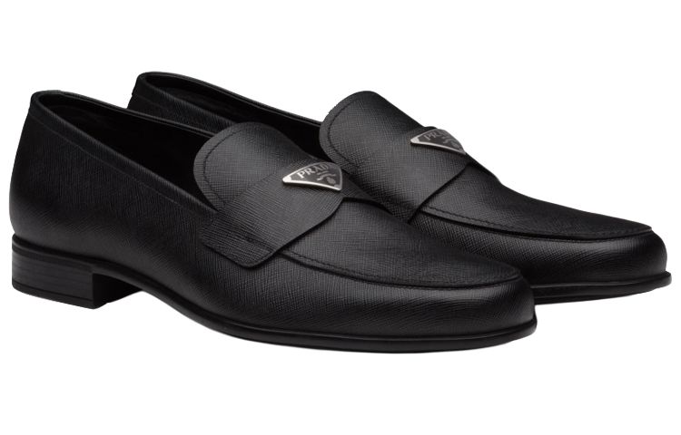 PRADA Plaque Loafer Black Saffino Leather