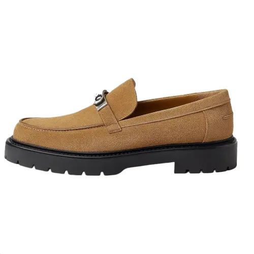 HERMES Icone Suede Loafers Men's Khaki Brown