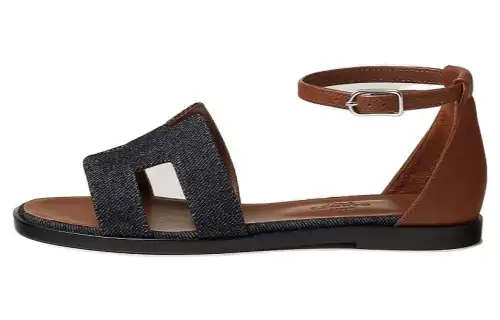 HERMES Santorini Leather One Strap Sandals Women's Blue