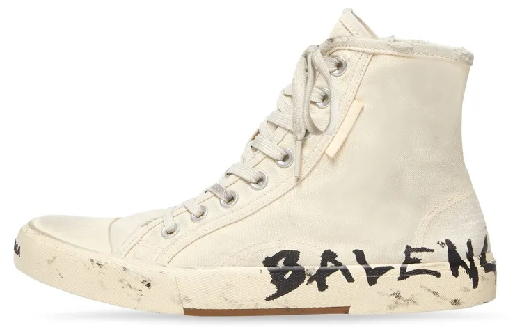 Balenciaga Paris High Top Sneakers 'White Destroyed Cotton And White Rubber With Graffiti'