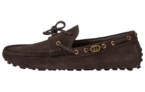 GUCCI Interlocking Suede Gommino Loafers Men's Brown