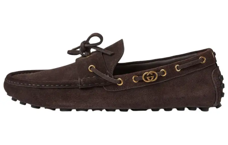 GUCCI Interlocking Suede Gommino Loafers Men's Brown