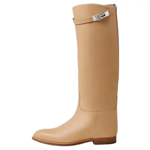 HERMES Jumping Calfskin Knee high Boots Women's Beige