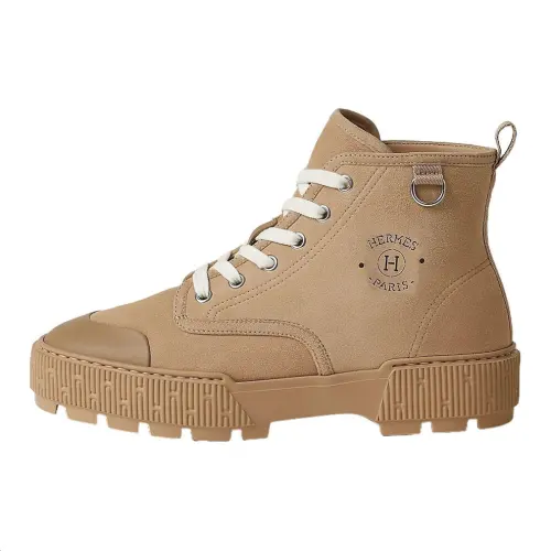 HERMES Itineraire Leather Short Combat Boots Women's Brown