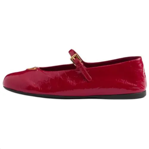 PRADA Naplak Patent Leather Flat Mary Jane Shoes Women's Red