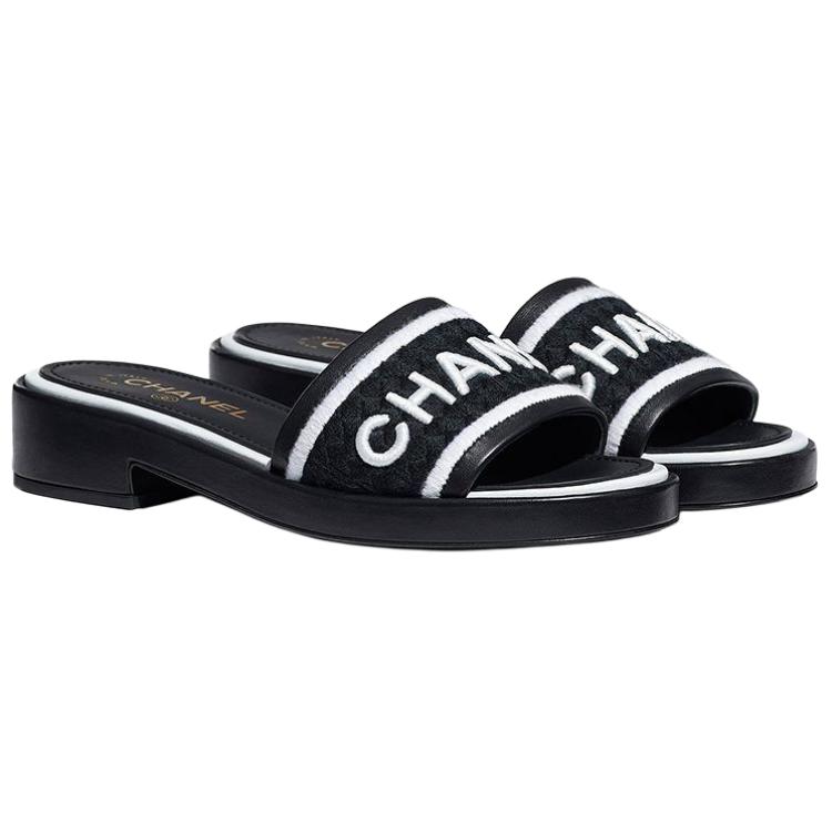 CHANEL Embroidery Slide Slippers Women's Black White