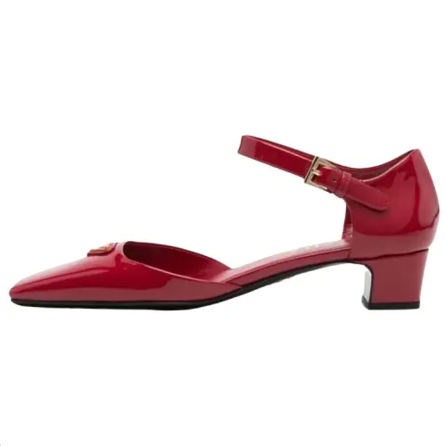 PRADA Patent Leather Chunky Heel High Heels 3.5cm Women's Red