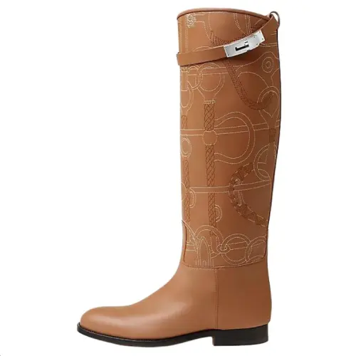 HERMES Jumping Calfskin Knee high Boots 2cm Women's Beige