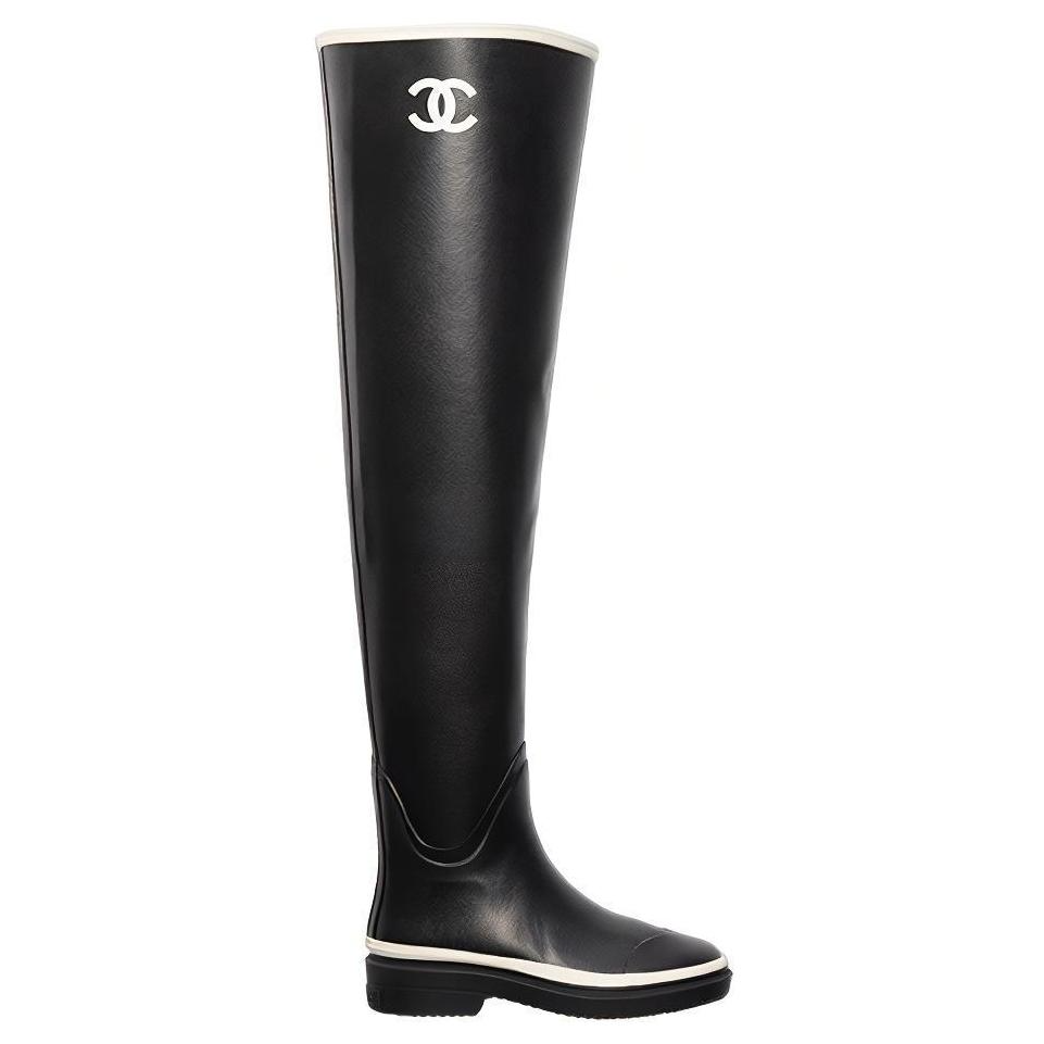 CHANEL Thigh High Rubber Rain Boots Black Women's