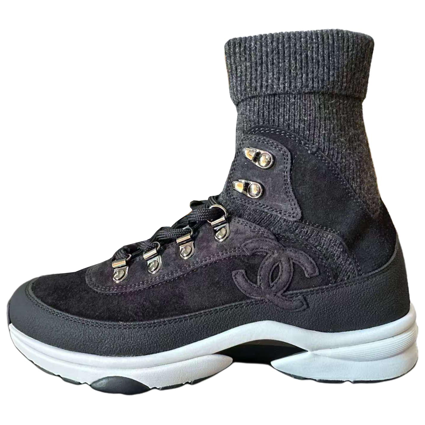 CHANEL Chanel 23B suede round toe lace-up high-top lifestyle shoes for women gray