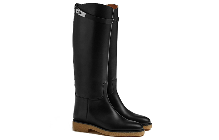 HERMES Faustine Cow Leather Knee high Boots Women's Black