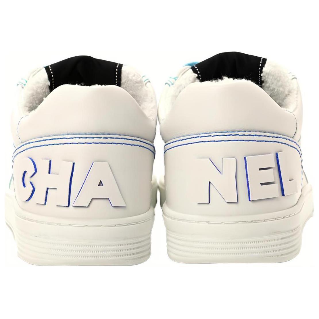 CHANEL Low Top Cow Leather Stylish Skateboarding Shoes Women's White Blue