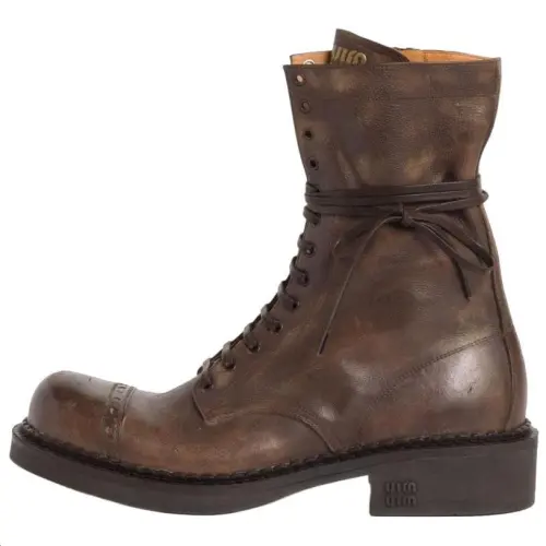 MIU MIU Miu Miu FW24 New Year Series Calfskin Round Toe Lace Up Short Boots 3.5cm Women's Brown