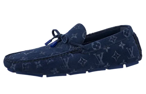 LOUIS VUITTON Driver Cow Leather Round Tip Casual Shoes Men's Marine Blue