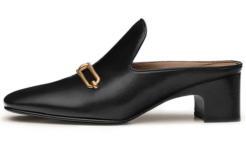 HERMES Diane Chunky Heel Closed Toe Slippers 5CM Women's Black