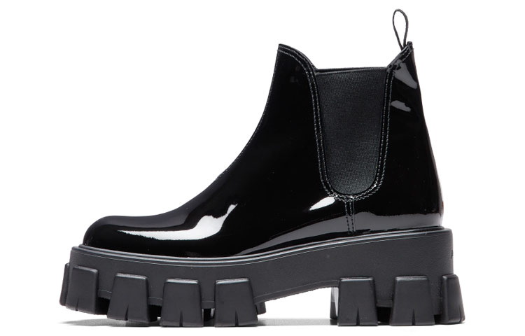 PRADA Monolith Top Grain Cow Leather Ankle Length Chelsea Boots Women's Black