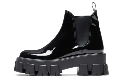 PRADA Monolith Top Grain Cow Leather Ankle Length Chelsea Boots Women's Black