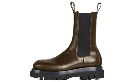 Bottega Veneta Tire Chelsea Cow Leather Round Tip Short Chelsea Boots 5.5cm Women's Khaki
