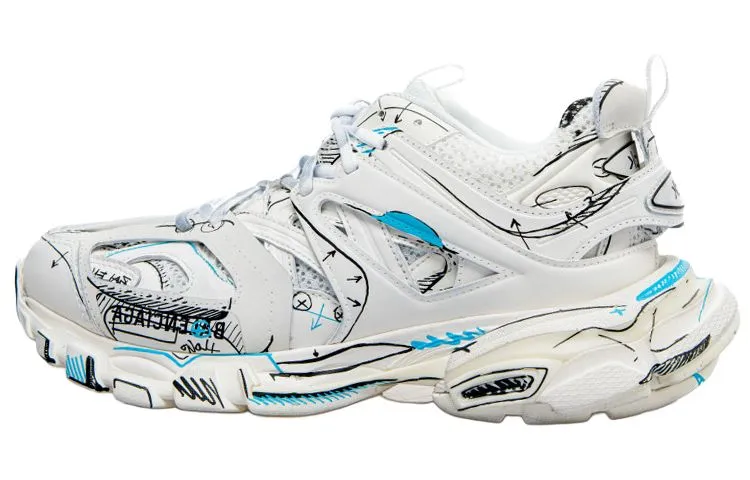 Balenciaga Track 1.0 Sneakers ' White Blue Mesh And Nylon Graffiti'