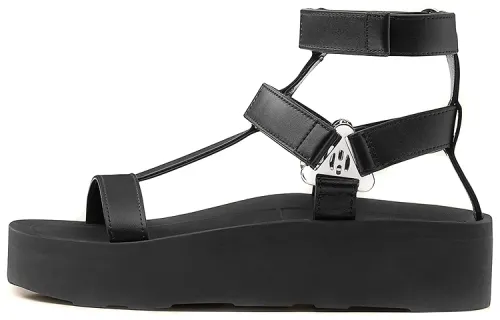 HERMES Enid Top Grain Cow Leather Urban Techwear One Strap Sandals Women's Black