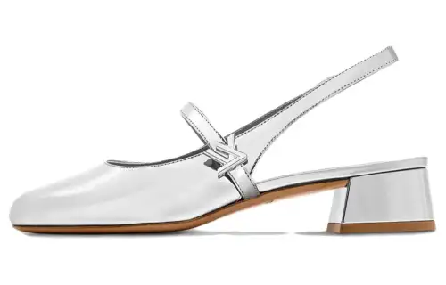 LOUIS VUITTON Romy Leather Chunky Heel High Heels 3.5cm Women's Silver