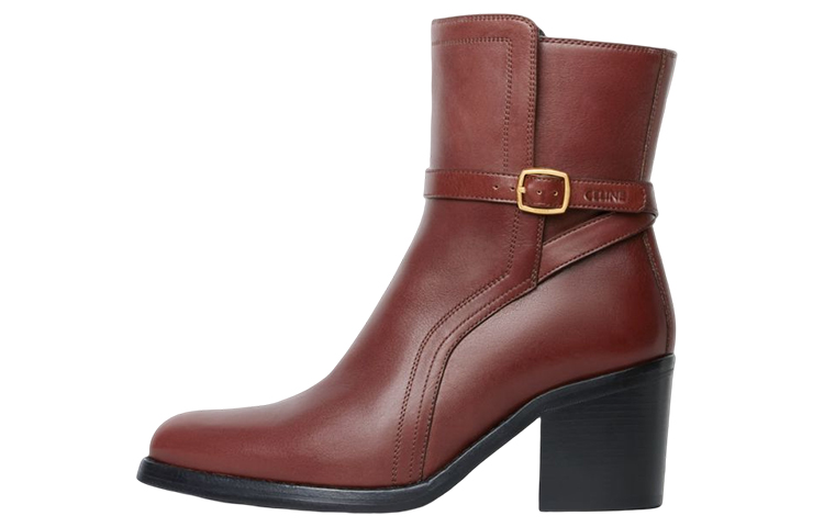 CELINE Leather Chunky Heel Ankle Boots Women's Brown